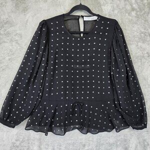 IRO Bendis Blouse Womens 38 Black Studded Polka Dot Peplum Lined Top Chiffon